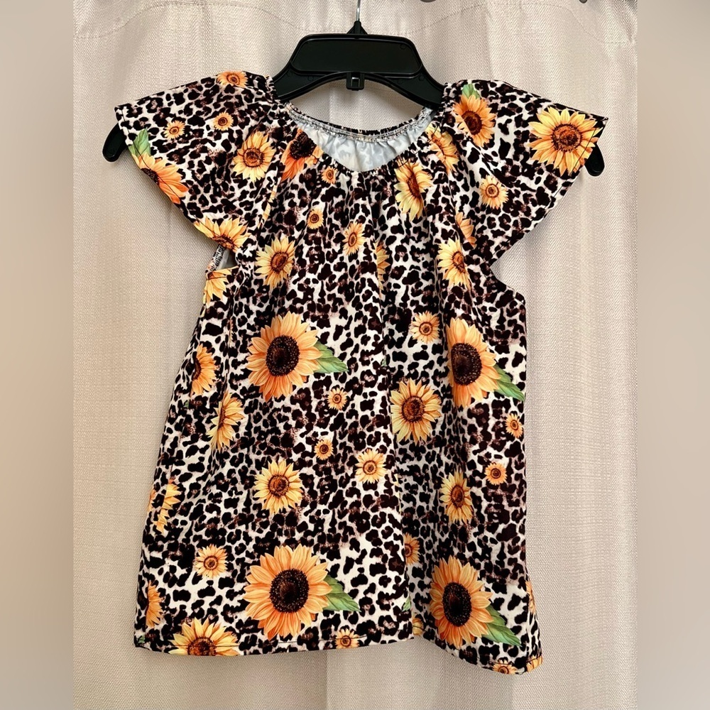 SHEIN Girls Sunflower Leopard Print Flutter Sleeve Top Size 7Y